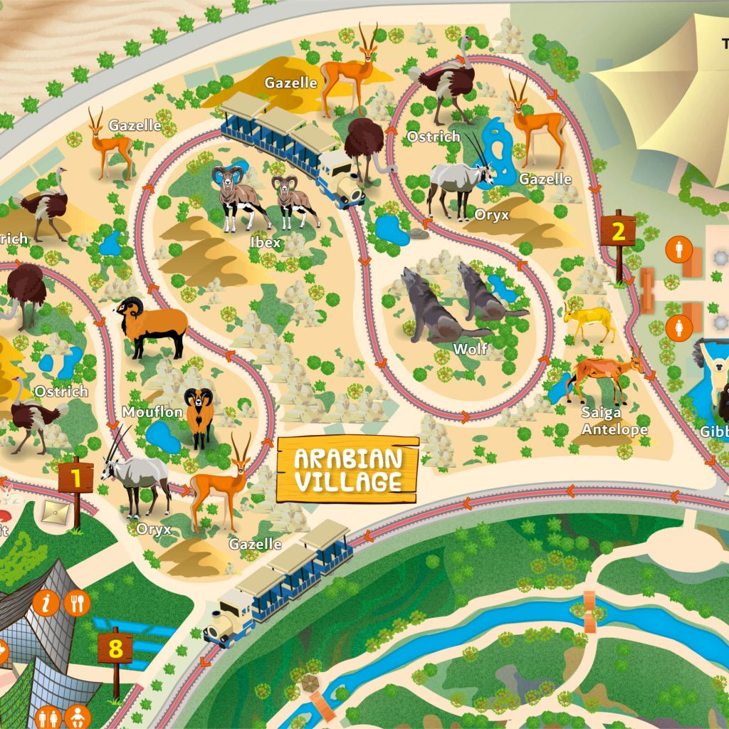 Illustrated map of Dubai Safari Park showing themed zones including Arabian Village, Asian Village, African Village, Safari Village, Wadi Area, and Kids Farm, with icons for animals, attractions, and facilities.