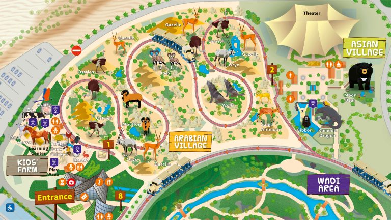 Illustrated map of Dubai Safari Park showing themed zones including Arabian Village, Asian Village, African Village, Safari Village, Wadi Area, and Kids Farm, with icons for animals, attractions, and facilities.