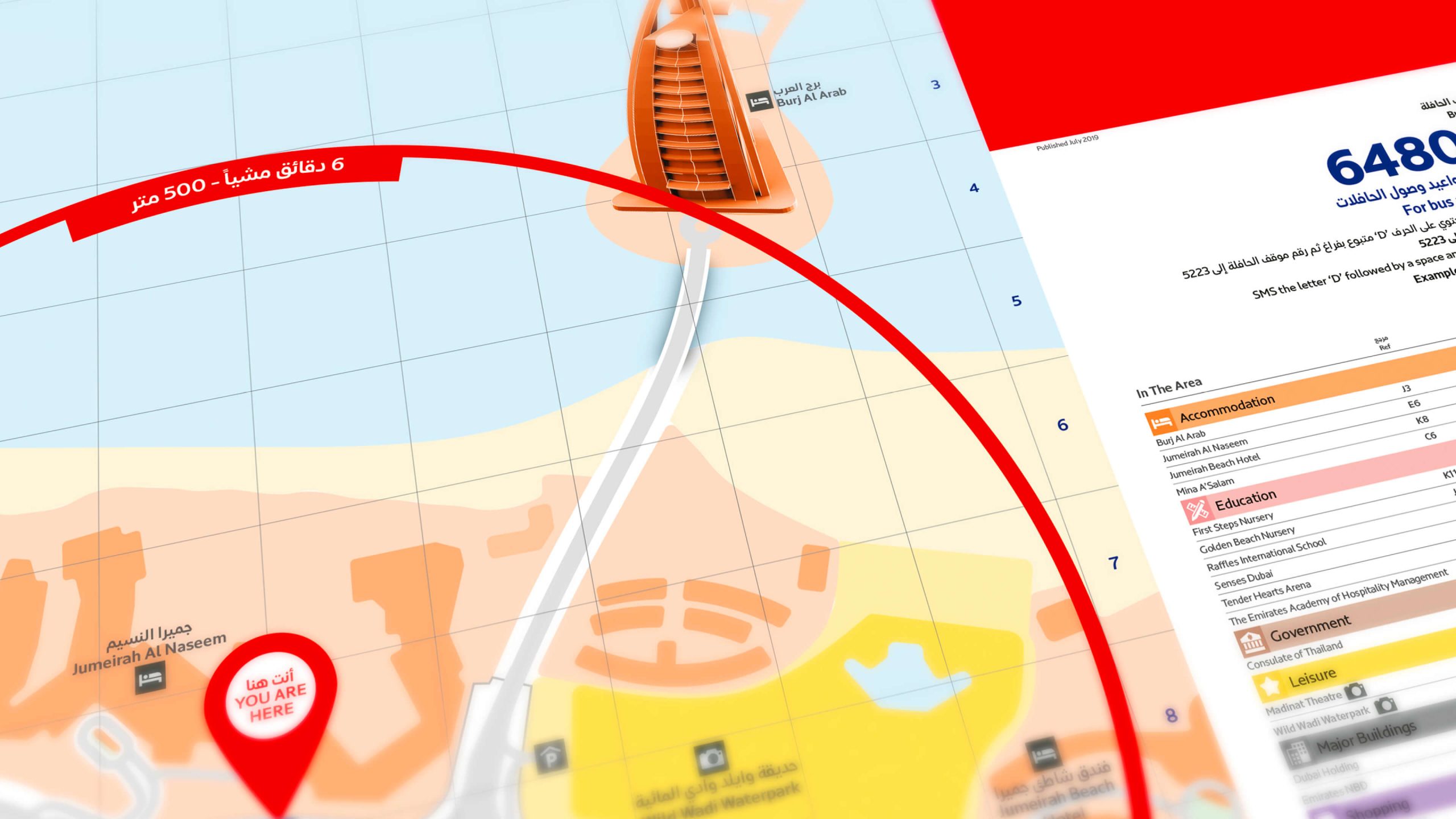 3D illustrated transport and walking map of Dubai showing Jumeirah Al Naseem, Burj Al Arab, and Wild Wadi Waterpark with Arabic and English labels, highlighting a 500-meter walking distance marker and “You Are Here” location pin.